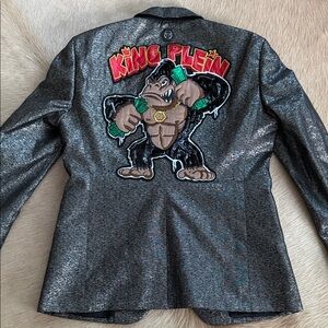 Philipp Plein Metallic Gray Blazer with Graphic Design